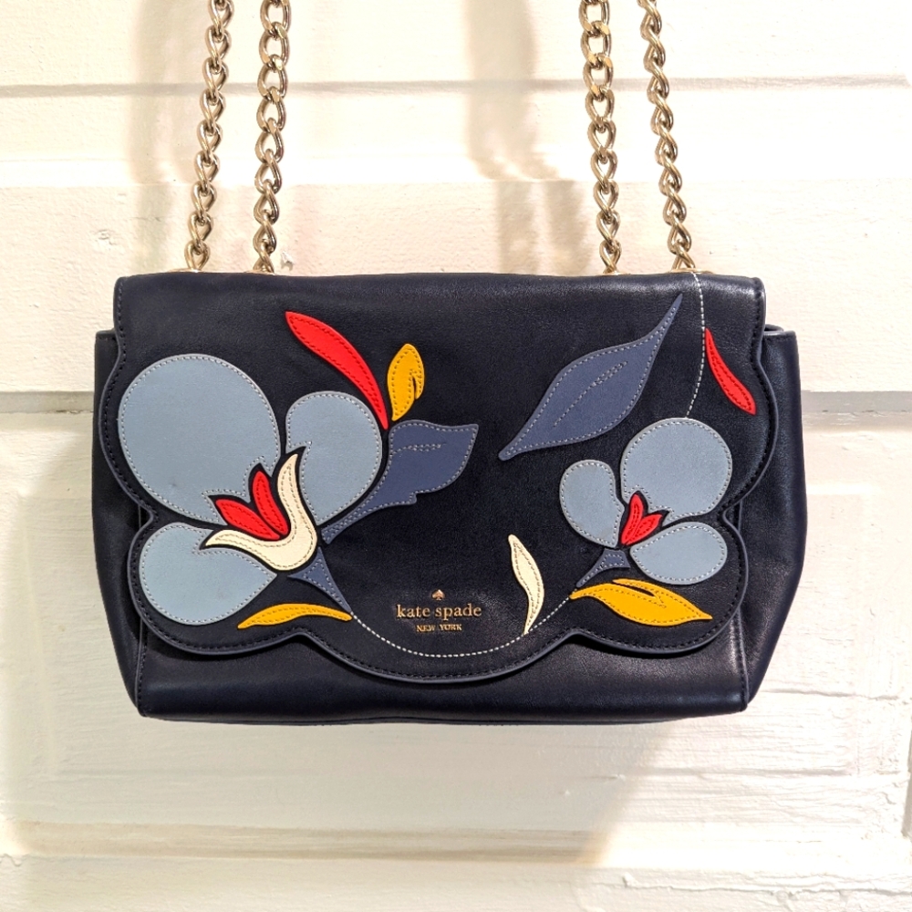 kate spade Black Floral Appliqué Leather Shoulder Bag